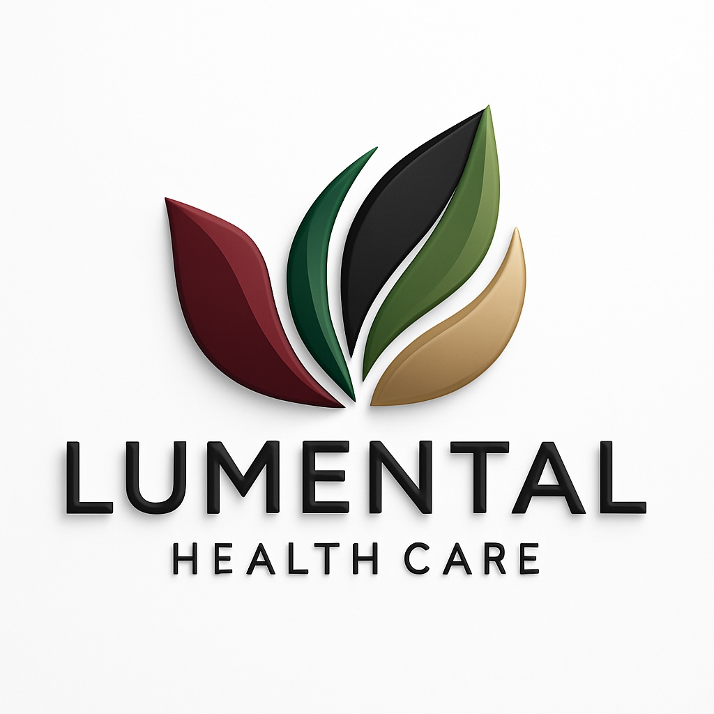 Lumental Health Care — símbolo de folhas em vinho, verde, preto e dourado
